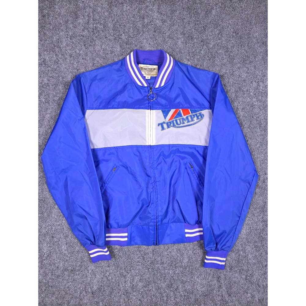 Vintage Triumph Windbreaker Jacket Mens Medium Blue Motorcycle Bomber Zip Up